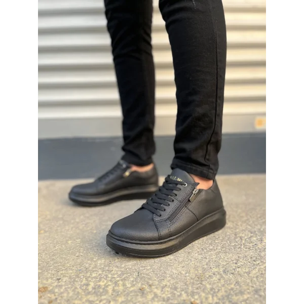 JY155 Warrior Bağcıklı ve Fermuarlı Cilt Erkek Günlük Sneaker Ayakkabı CST - Siyah