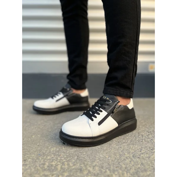 JY155 Warrior Bağcıklı ve Fermuarlı Cilt Erkek Günlük Sneaker Ayakkabı CST - Siyah/Beyaz