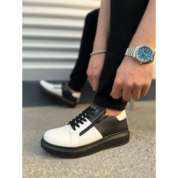 JY155 Warrior Bağcıklı ve Fermuarlı Cilt Erkek Günlük Sneaker Ayakkabı CST - Siyah/Beyaz