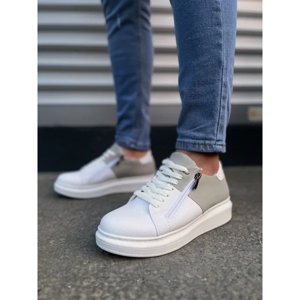 JY155 Warrior Bağcıklı ve Fermuarlı Cilt Süet Erkek Günlük Sneaker Ayakkabı CSBT - Beyaz/Gri