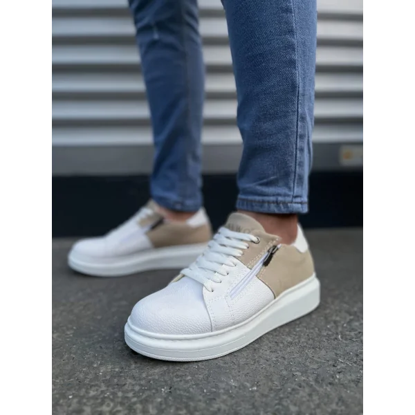 JY155 Warrior Bağcıklı ve Fermuarlı Cilt Süet Erkek Günlük Sneaker Ayakkabı CSBT - Beyaz/Krem