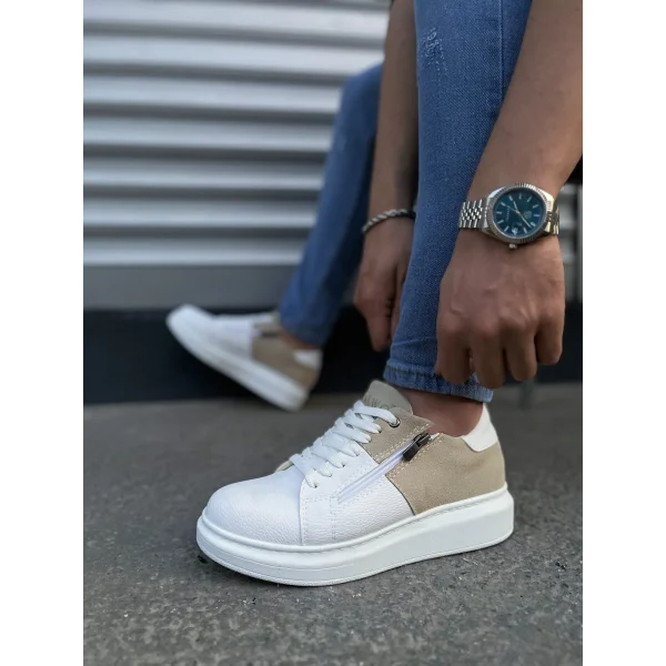 JY155 Warrior Bağcıklı ve Fermuarlı Cilt Süet Erkek Günlük Sneaker Ayakkabı CSBT - Beyaz/Krem