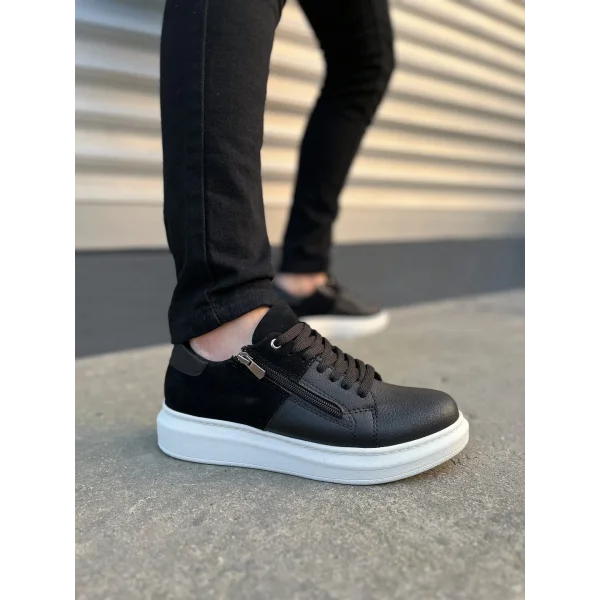 JY155 Warrior Bağcıklı ve Fermuarlı Cilt Süet Erkek Günlük Sneaker Ayakkabı CSBT - Siyah