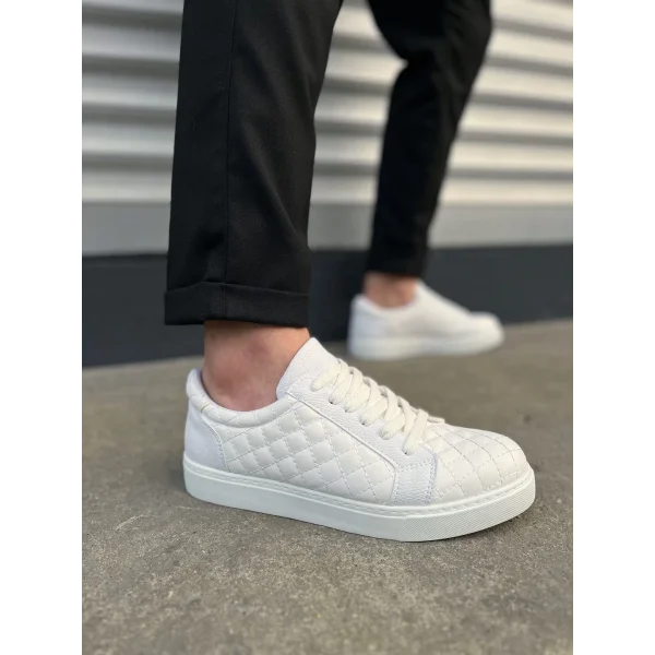 JY166 Prestige Bağcıklı Cilt Kapitone Desenli Erkek Günlük Sneaker Ayakkabı CBT - Beyaz