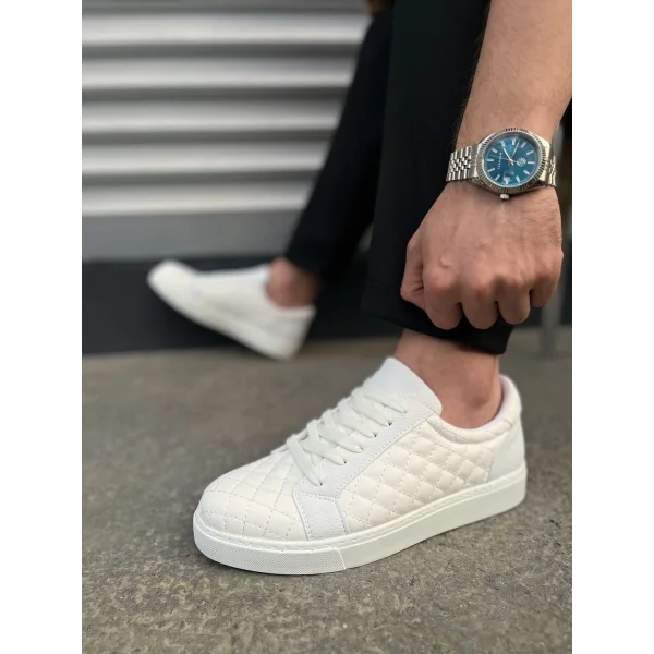 JY166 Prestige Bağcıklı Cilt Kapitone Desenli Erkek Günlük Sneaker Ayakkabı CBT - Beyaz