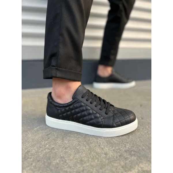 JY166 Prestige Bağcıklı Cilt Kapitone Desenli Erkek Günlük Sneaker Ayakkabı CBT - Siyah