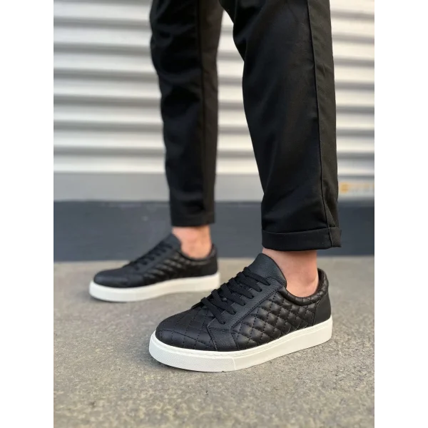 JY166 Prestige Bağcıklı Cilt Kapitone Desenli Erkek Günlük Sneaker Ayakkabı CBT - Siyah