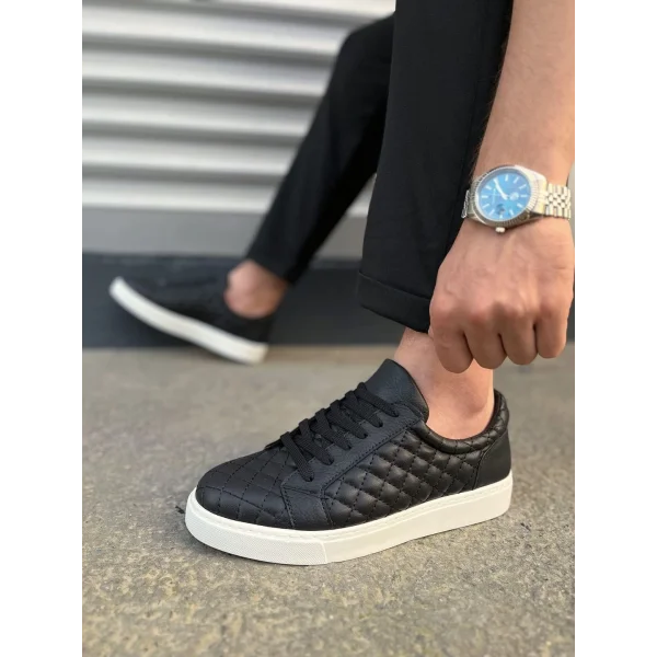 JY166 Prestige Bağcıklı Cilt Kapitone Desenli Erkek Günlük Sneaker Ayakkabı CBT - Siyah