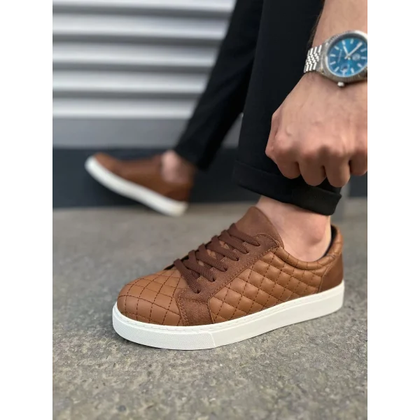 JY166 Prestige Bağcıklı Cilt Kapitone Desenli Erkek Günlük Sneaker Ayakkabı CBT - Taba