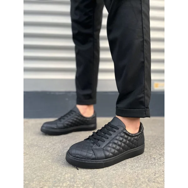 JY166 Prestige Bağcıklı Cilt Kapitone Desenli Erkek Günlük Sneaker Ayakkabı CST - Siyah