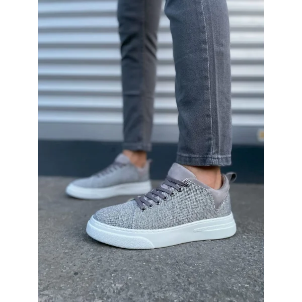 JY204 Flex Bağcıklı Keten Kumaş Erkek Günlük Sneaker Ayakkabı KBT - Gri