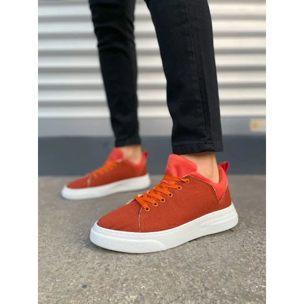 JY204 Flex Bağcıklı Keten Kumaş Erkek Günlük Sneaker Ayakkabı KBT - Turuncu