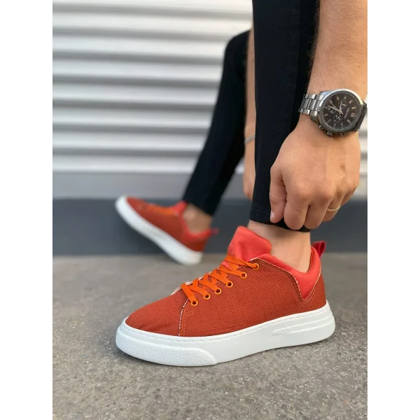 JY204 Flex Bağcıklı Keten Kumaş Erkek Günlük Sneaker Ayakkabı KBT - Turuncu