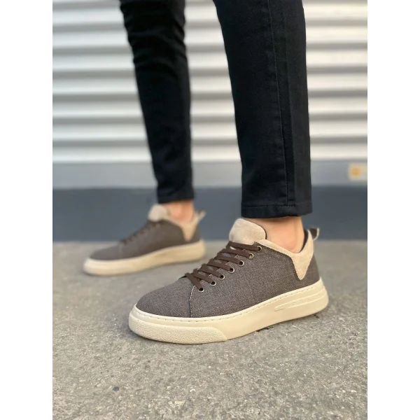 JY204 Flex Bağcıklı Keten Kumaş Erkek Günlük Sneaker Ayakkabı KKT - Kahverengi/Krem
