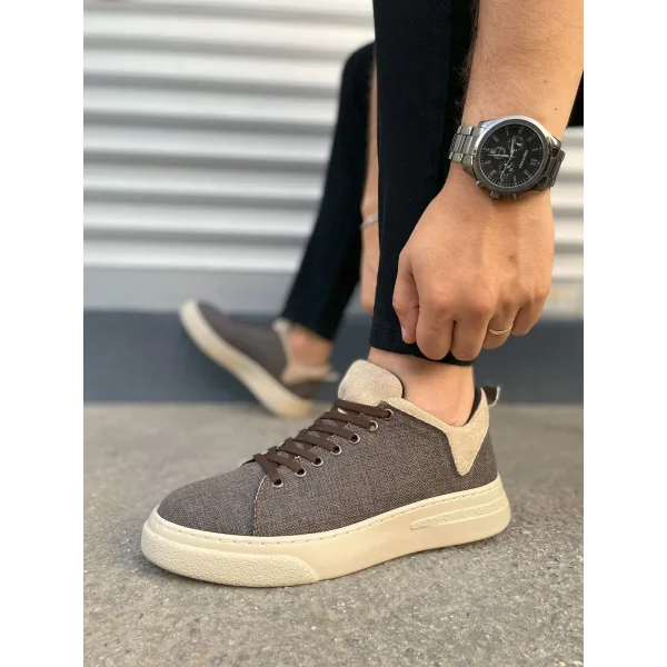 JY204 Flex Bağcıklı Keten Kumaş Erkek Günlük Sneaker Ayakkabı KKT - Kahverengi/Krem