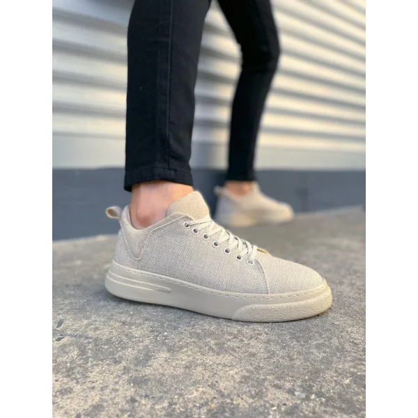 JY204 Flex Bağcıklı Keten Kumaş Erkek Günlük Sneaker Ayakkabı KKT - Krem