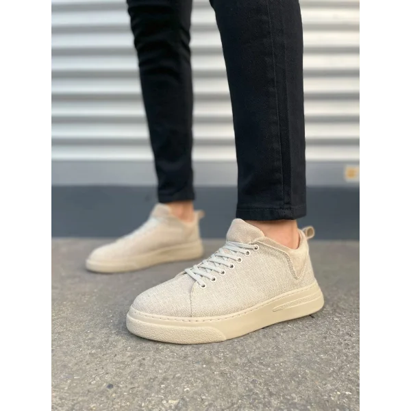 JY204 Flex Bağcıklı Keten Kumaş Erkek Günlük Sneaker Ayakkabı KKT - Krem