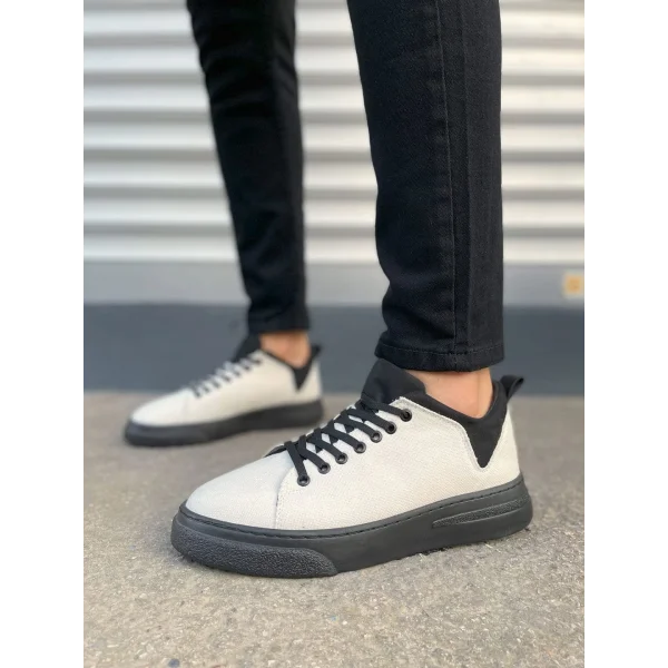 JY204 Flex Bağcıklı Keten Kumaş Erkek Günlük Sneaker Ayakkabı KST - Beyaz/Siyah