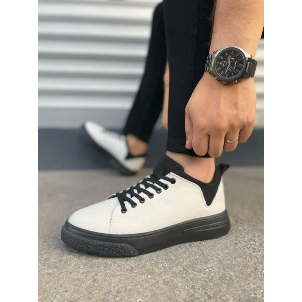 JY204 Flex Bağcıklı Keten Kumaş Erkek Günlük Sneaker Ayakkabı KST - Beyaz/Siyah