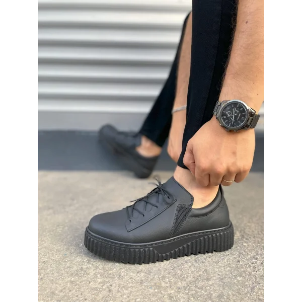 JY502 Bold Bağcıklı Cilt Erkek Günlük Sneaker Ayakkabı CST - Siyah