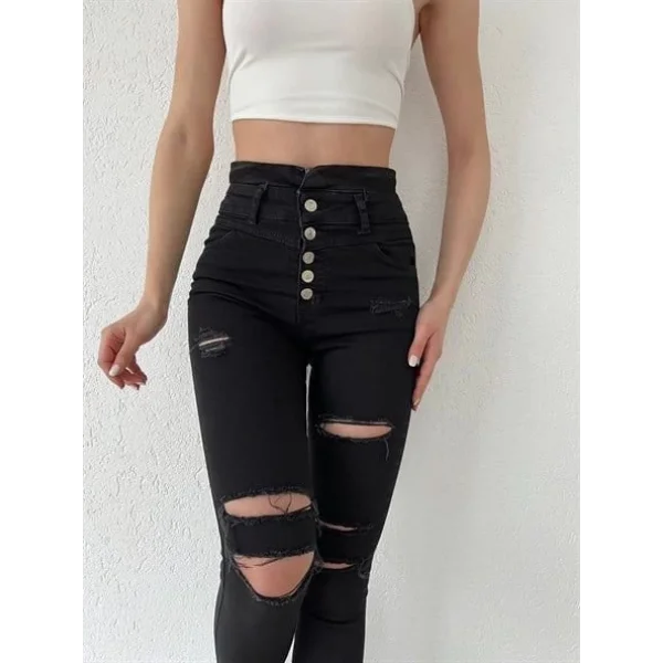 Kadın 5 Düğmeli V Detay Bel Yırtık Kot Pantolon