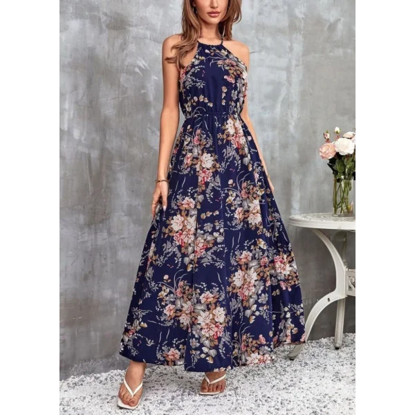 Kadın Açık Omuz Halter Yaka Beli Lastikli Büzgü Detay önden Yırtmaçlı çiçek Desenli Süprem Elbise