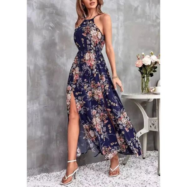 Kadın Açık Omuz Halter Yaka Beli Lastikli Büzgü Detay önden Yırtmaçlı çiçek Desenli Süprem Elbise