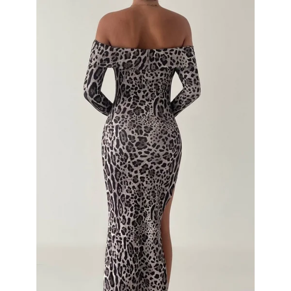 Kadın adonna Yaka Dalgıç Kumaş Leopar Desen axi Boy Derin Yırtmaçlı Elbise