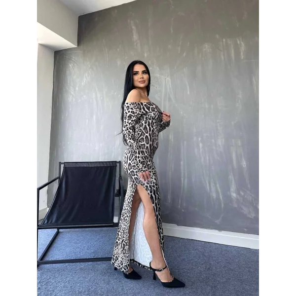 Kadın adonna Yaka Dalgıç Kumaş Leopar Desen axi Boy Derin Yırtmaçlı Elbise