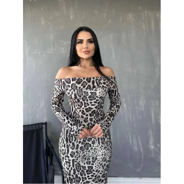 Kadın adonna Yaka Dalgıç Kumaş Leopar Desen axi Boy Derin Yırtmaçlı Elbise