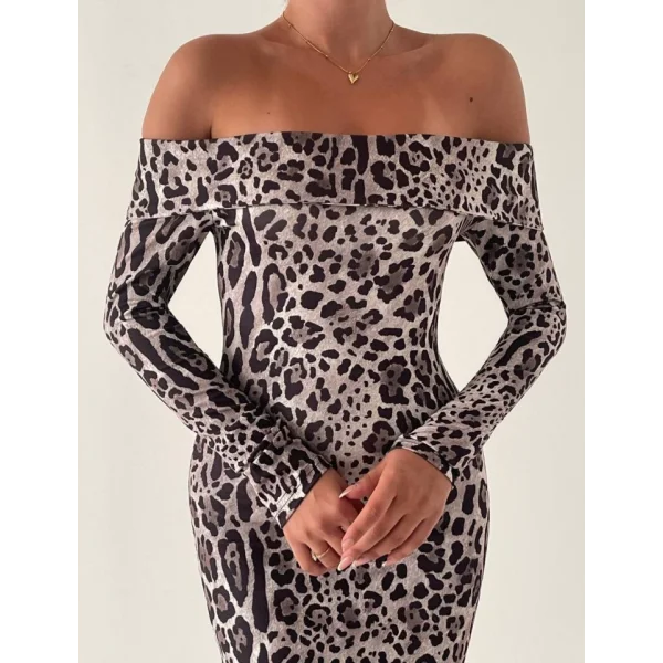 Kadın adonna Yaka Dalgıç Kumaş Leopar Desen axi Boy Derin Yırtmaçlı Elbise