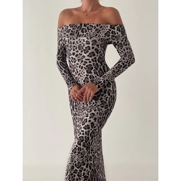 Kadın adonna Yaka Dalgıç Kumaş Leopar Desen axi Boy Derin Yırtmaçlı Elbise