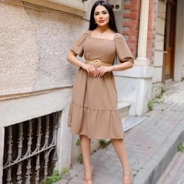 Kadın Aerobin Kumaş adonna Yaka Kısa Kollu Elbise