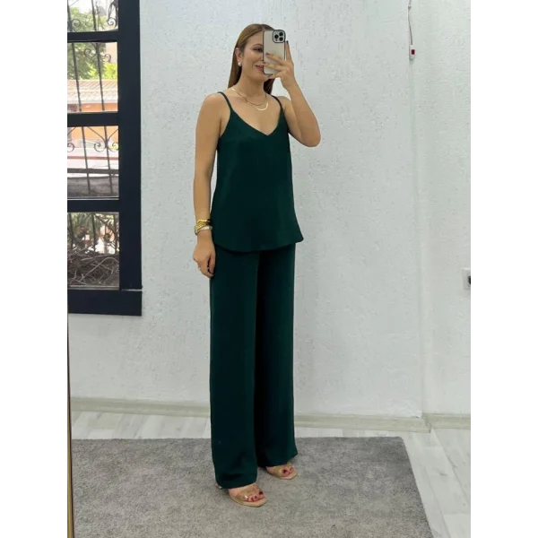 Kadın Aerobin Kumaş Bol Paça Pantolon Ve Askılı Bluz Ikili Takım