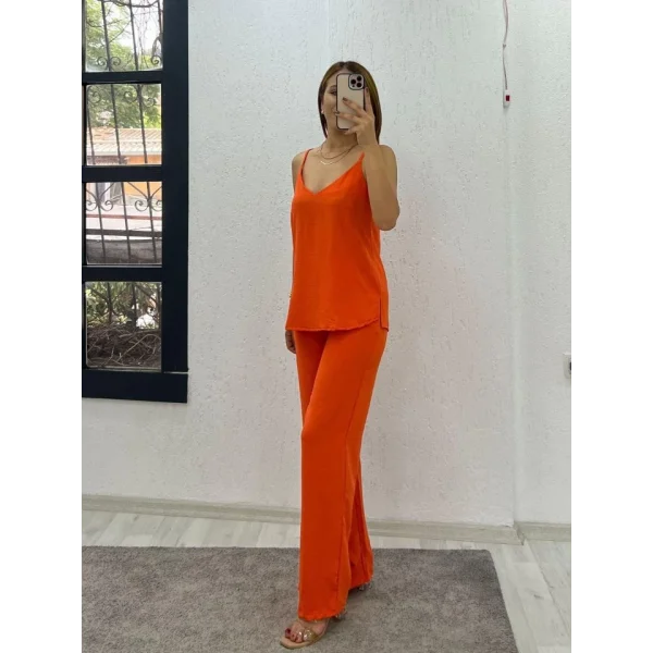 Kadın Aerobin Kumaş Bol Paça Pantolon Ve Askılı Bluz Ikili Takım