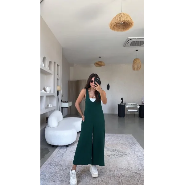 Kadın Aerobin Kumaş Cepli Bağlama Askılı Tulum