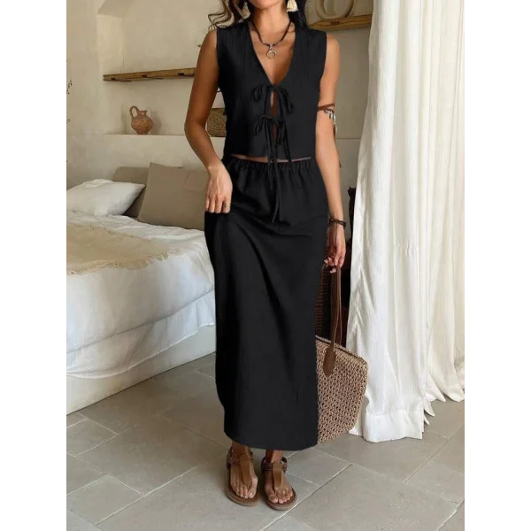 Kadın Aerobin Kumaş Eteği Yırtmaçlı ön Bağlama Detaylı Takım