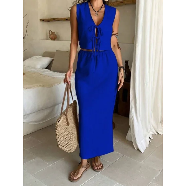 Kadın Aerobin Kumaş Eteği Yırtmaçlı ön Bağlama Detaylı Takım