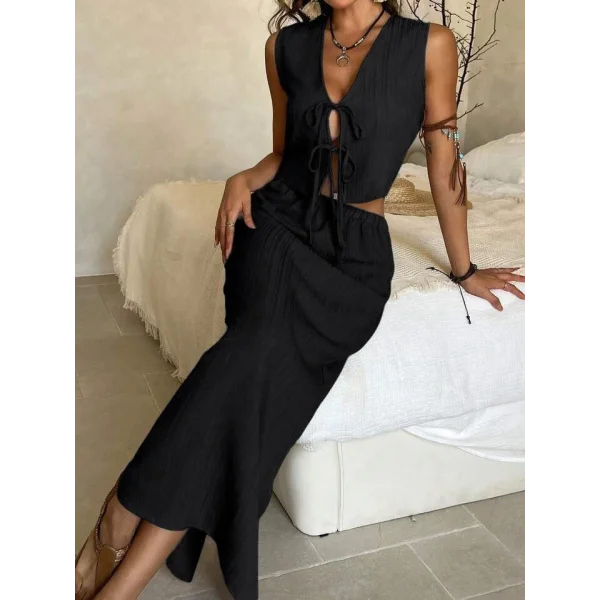 Kadın Aerobin Kumaş Eteği Yırtmaçlı ön Bağlama Detaylı Takım