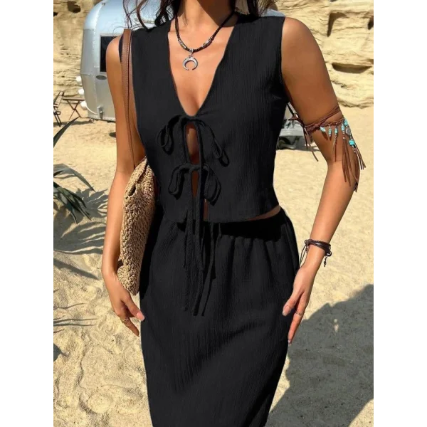 Kadın Aerobin Kumaş Eteği Yırtmaçlı ön Bağlama Detaylı Takım