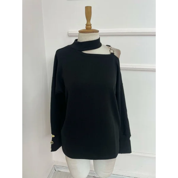 Kadın Akrilik Kumaş Toka Detaylı Oversize Bluz