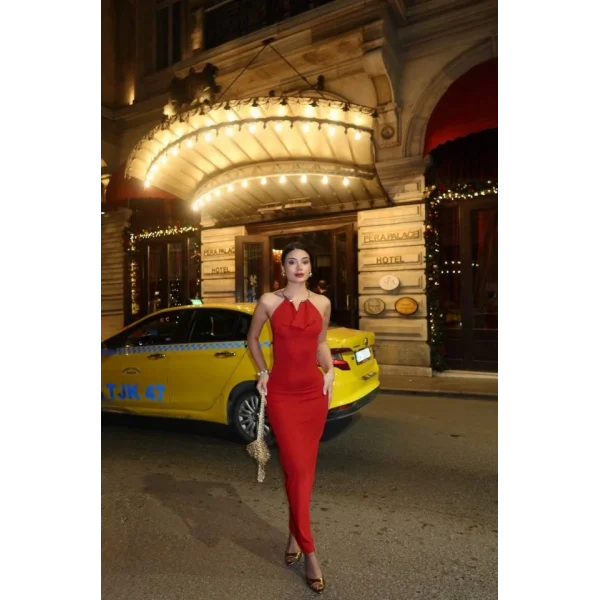 Kadın Aksesuarlı Halter Yaka Sırt Dekolte Detay Maxi Boy Elbise