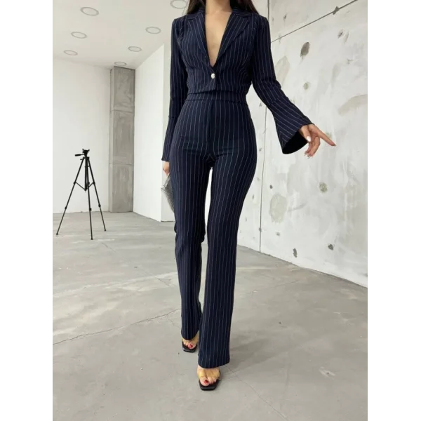 Kadın anşet Yaka Ispanyol Kol çizgi Detay Kısa Ceket Ve Yüksek Bel Ispanyol Paça Pantolon Ikili Takım