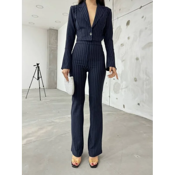 Kadın anşet Yaka Ispanyol Kol çizgi Detay Kısa Ceket Ve Yüksek Bel Ispanyol Paça Pantolon Ikili Takım