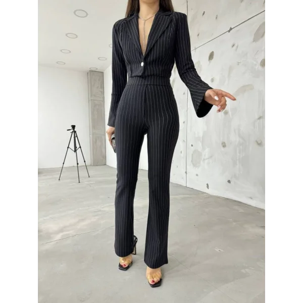 Kadın anşet Yaka Ispanyol Kol çizgi Detay Kısa Ceket Ve Yüksek Bel Ispanyol Paça Pantolon Ikili Takım