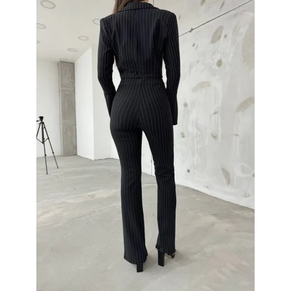 Kadın anşet Yaka Ispanyol Kol çizgi Detay Kısa Ceket Ve Yüksek Bel Ispanyol Paça Pantolon Ikili Takım