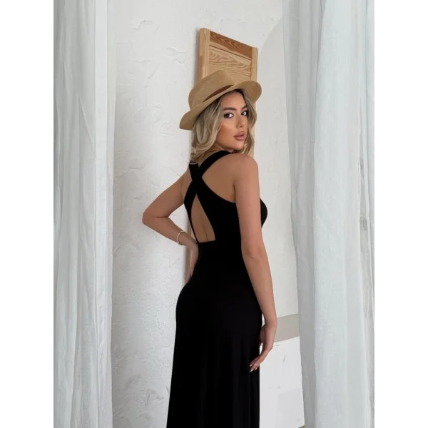 Kadın Arkadan çapraz Detay Yuvarlak Yaka Maksi Viskon Elbise