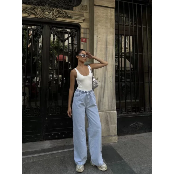 Kadın Arkadan Yırtmaçlı Jeans Kot Palazzo Pantolon - Mavi