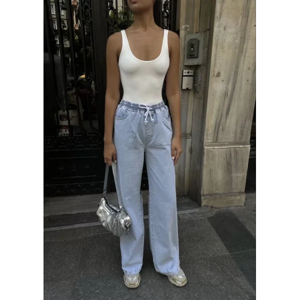 Kadın Arkadan Yırtmaçlı Jeans Kot Palazzo Pantolon - Mavi