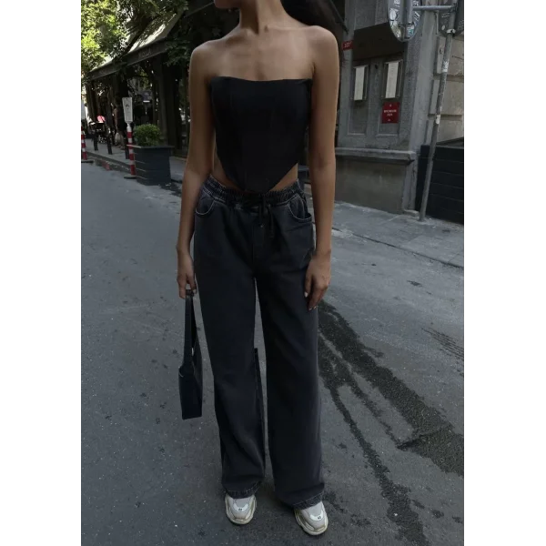 Kadın Arkadan Yırtmaçlı Jeans Kot Palazzo Pantolon - Siyah